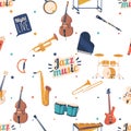 Dynamic Seamless Pattern Featuring An Assortment Of Jazz Instruments, Piano, Double Bass, Saxophone Vector Illustration Royalty Free Stock Photo