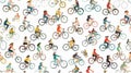 Dynamic Seamless Pattern of Various Cyclists in Action Royalty Free Stock Photo