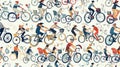 Dynamic Seamless Pattern of Various Cyclists in Action Royalty Free Stock Photo