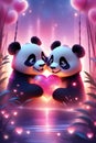 A dynamic selfie pose of cute and adorable fluffy panda, hugging a heart together, bathed in pink cotton sunset, in love scene