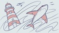 Dynamic Shark and Lighthouse in Stormy Ocean Waves, vector design Generative AI Royalty Free Stock Photo