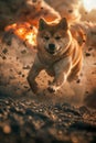 Dynamic Shiba Inu Dog Running Energetically With Flaring Sparks On Sunset Background, Energetic Pet Action Shot