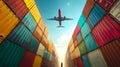 Airplane flying over colorful cargo containers. Vibrant, dynamic sky. Concept of global trade and transportation