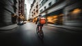 Speedy urban food delivery cyclist captured in motion blur Royalty Free Stock Photo