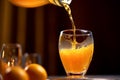 A dynamic shot of orange juice being poured into a glass from a stylishly designed bottle, emphasizing the product's premium