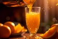 A dynamic shot of orange juice being poured into a glass from a stylishly designed bottle, emphasizing the product's premium