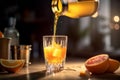 A dynamic shot of orange juice being poured into a glass from a stylishly designed bottle, emphasizing the product's premium Royalty Free Stock Photo