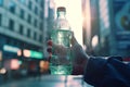 A dynamic shot of a person holding a bottle of mineral water against a backdrop of an active urban environment, symbolizing