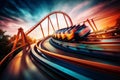 A dynamic shot of a roller coaster in motion, capturing the thrill of the ride Royalty Free Stock Photo