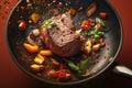 Dynamic shot steak and veggies airborne in sizzling frying pan