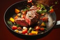 Dynamic shot steak and veggies airborne in sizzling frying pan