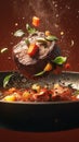 Dynamic shot steak and veggies airborne in sizzling frying pan