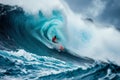 Dynamic shot of a surfer in a wetsuit riding a surfboard in the ocean. Skilled and determined athlete surfing an epic