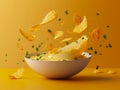 Dynamic Shot of Tortilla Chips and Splashing Salsa in Bowl Against Yellow Background Perfect for Snack and Party Themes