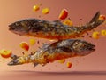 Dynamic Shot of Two Fresh Fishes and Sliced Carrots in Mid Air with Splash on Warm Background