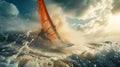 Dynamic shot of a windsurfer riding among huge waves in the ocean. Skilled and determined athlete surfing an epic giant Royalty Free Stock Photo