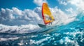 Dynamic shot of a windsurfer riding among huge waves in the ocean. Skilled and determined athlete surfing an epic giant Royalty Free Stock Photo