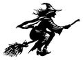 Dynamic side silhouette of a rugged witch flying fast on a broom Royalty Free Stock Photo