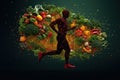 Dynamic silhouette of a runner composed of vegetables and fruits against a dark background.