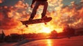 Dynamic skateboarder in urban park sunset jump captured with precision and vibrancy Royalty Free Stock Photo