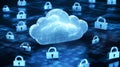 Dynamic Sleek White Polygonal Cloud with Lock Icons in Digital Space
