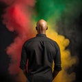 Dynamic Smokescreen Hues Around a Black-Shirted African American Man