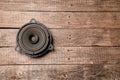 Dynamic sound speaker , copy space. Wood Background. Musical equipment. Detail of column. Acoustic system. Royalty Free Stock Photo