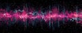 Dynamic soundwave visualization with abstract digital vibrant purple particles on black background. Concept of technology, wave,