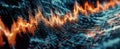 Dynamic soundwave visualization with digital vibrant orange particles on abstract blue background. Concept of technology, wave,