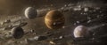 Cinematic space scene with multiple textured planets and asteroids in motion, perfect for sci-fi art, posters Royalty Free Stock Photo