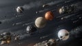 Cinematic space scene with multiple textured planets and asteroids in motion, perfect for sci-fi art, posters Royalty Free Stock Photo