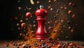 Dynamic spice explosion featuring red pepper mill surrounded by various spices. Culinary art cooking with diverse flavor Royalty Free Stock Photo