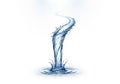 A dynamic, spiraling splash of blue water rises from a ripple on a white background. The water Royalty Free Stock Photo