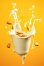 Dynamic splash of almond milk with nuts on bright yellow background. Non-dairy vegan beverage healthy plant-based diet