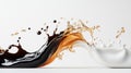 Dynamic splash of black coffee mixing with milk, creating fluid motion. ai generative
