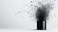 A dynamic splash of black powder emerges from a round container creating an artistic visual explosion against a minimal