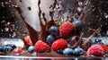 A dynamic splash of chocolate and berries, showcasing a delightful dessert explosion Royalty Free Stock Photo