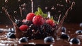 A dynamic splash of chocolate and berries, showcasing a delightful dessert explosion Royalty Free Stock Photo