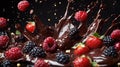 A dynamic splash of chocolate and berries, showcasing a delightful dessert explosion Royalty Free Stock Photo