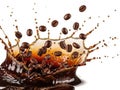 Dynamic splash of coffee beans and liquid Royalty Free Stock Photo