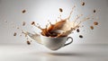 Dynamic splash of coffee cream and beans in a mug. Generative AI Royalty Free Stock Photo