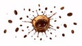 Dynamic coffee splash with scattered roasted coffee beans on white background liquid 1 Royalty Free Stock Photo