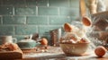 Dynamic splash of eggs and flour in a rustic kitchen scene Royalty Free Stock Photo