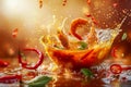 Dynamic Splash with Fresh Ingredients for Spicy Food, Citrus and Chili Peppers in Water Explosion Royalty Free Stock Photo