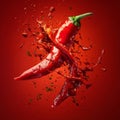 Dynamic splash of red chilies in motion on vibrant red background