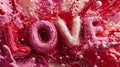 Dynamic Splash of Red, Pink, and Cream Liquid Forming the Word LOVE in Glossy Three-Dimensional Letters Royalty Free Stock Photo