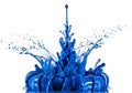 A dynamic splash of vibrant blue liquid captured mid-air against a plain white background. The Royalty Free Stock Photo