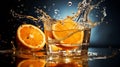 Dynamic splash of water with a fresh orange slice in a clear glass against a blue background Royalty Free Stock Photo