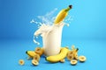 Dynamic splashes of milk from bananas on a bright blue background