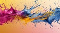 Dynamic splashes of vibrant magenta, blue, and yellow paint colliding on a gradient background, creating an explosive and colorful
